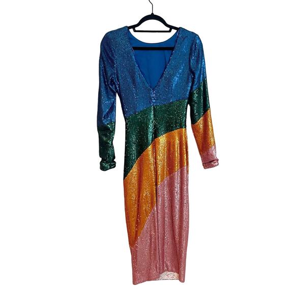 Dress the Population Sequin Color Block Long Sleeve Midi Sheath Dress XS NWOT - Picture 6 of 9